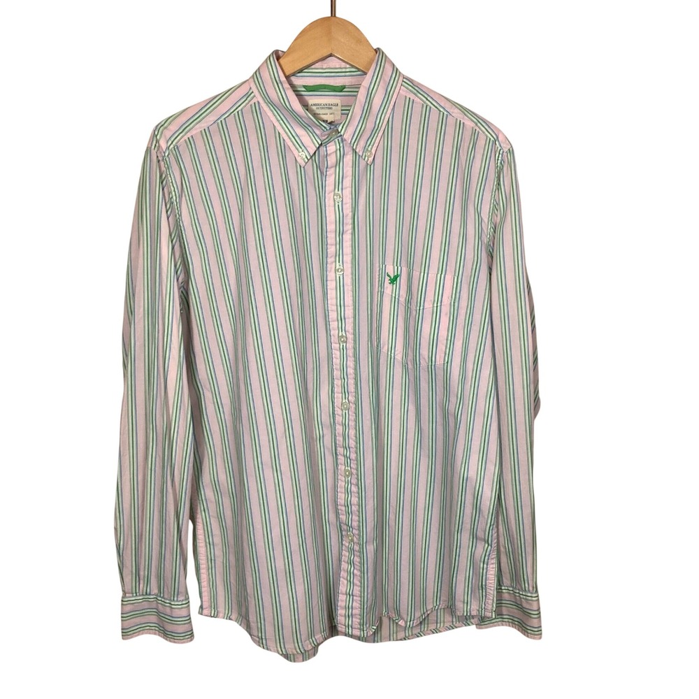 American Eagle Mens M Button Down Striped Pink Green Long Sleeve Preppy Cotton